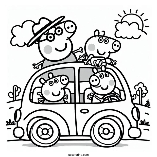 Peppa Pig Family Driving In Car Coloring Page