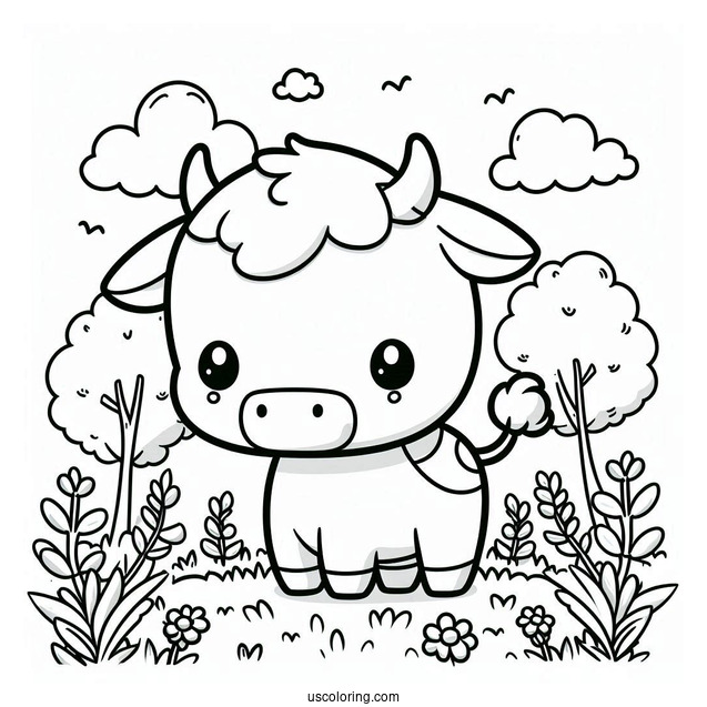Cute Coloring Page Of Chibi Cow In A Field For Preschoolers