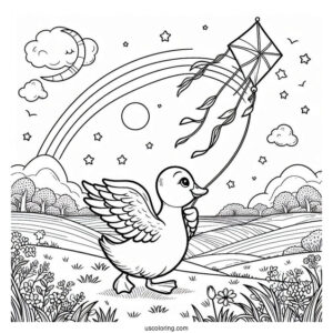 Duck Flying a Kite in the Countryside Coloring Page