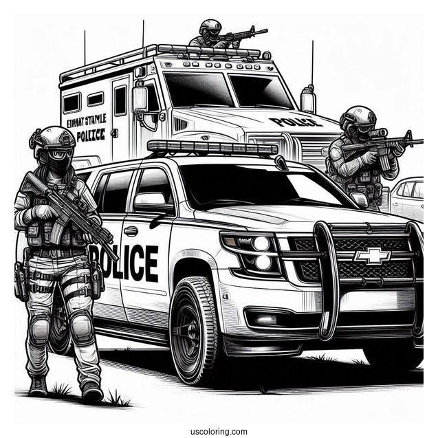 Police Car Coloring Page Of Realistic SWAT Vehicle With An Armed Agent Outside