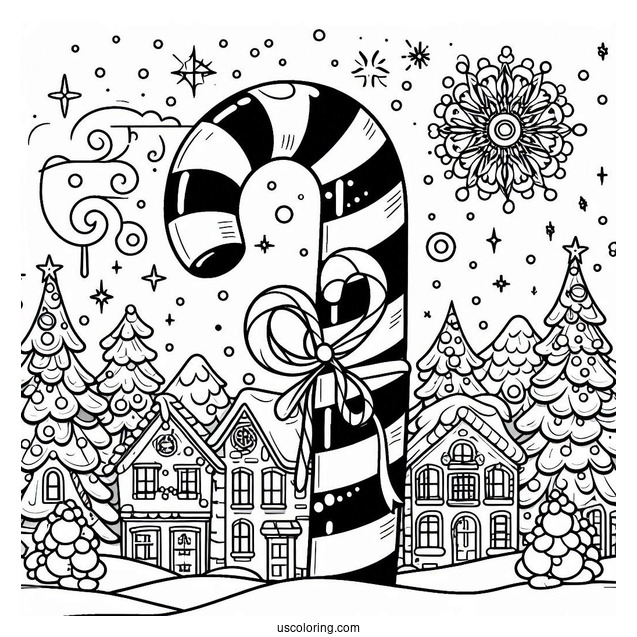 Giant Candy Cane Coloring Page In Winter Wonderland Town