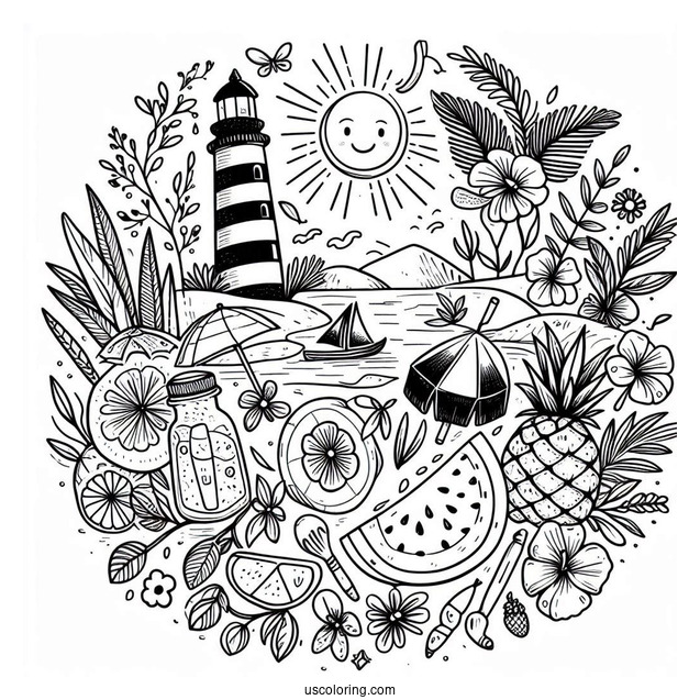 Full Page Summer Coloring Page Of Elements