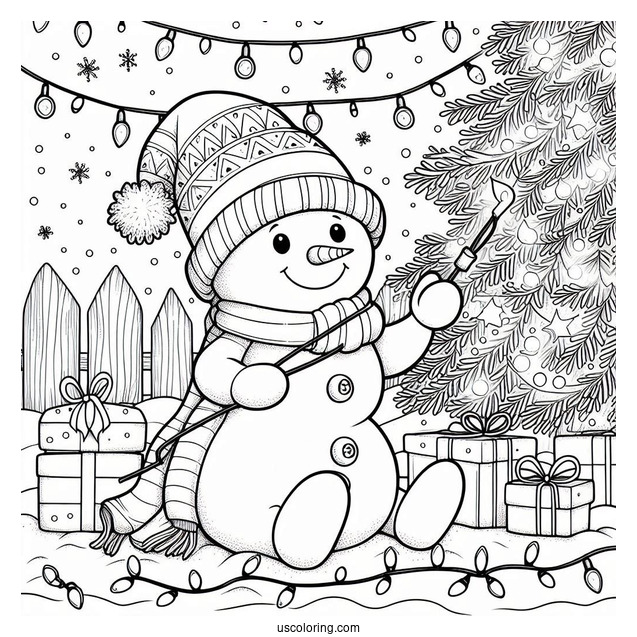 Cute Snowman Playing With Christmas Lights