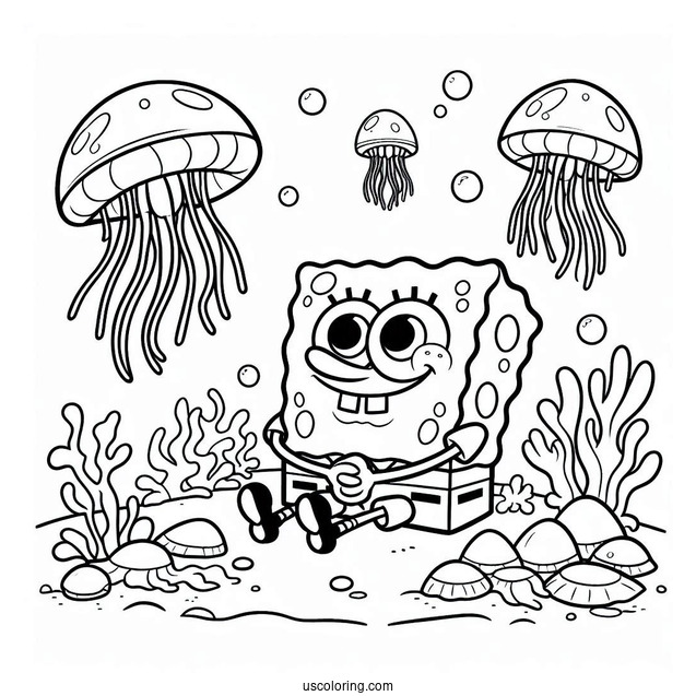SpongeBob Coloring Page Sitting On Jellyfishes