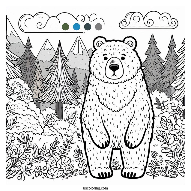 Easy Adult Bear Coloring Page Standing In Forest For Kids