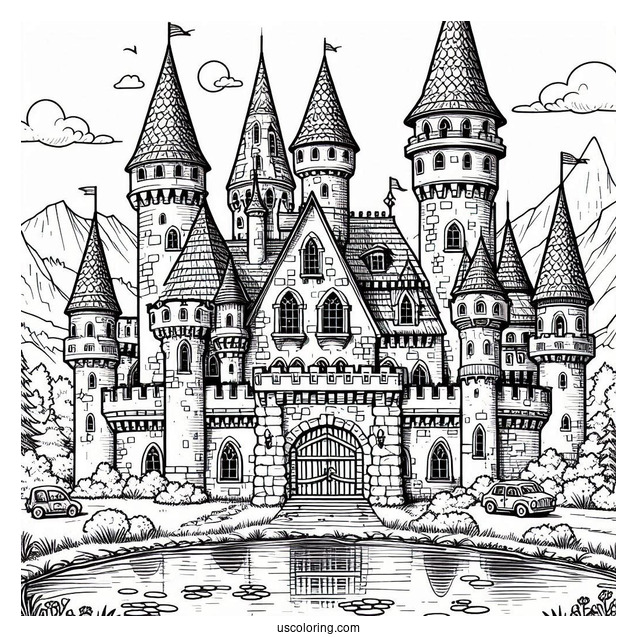 Medieval Castle Coloring Page With Moat