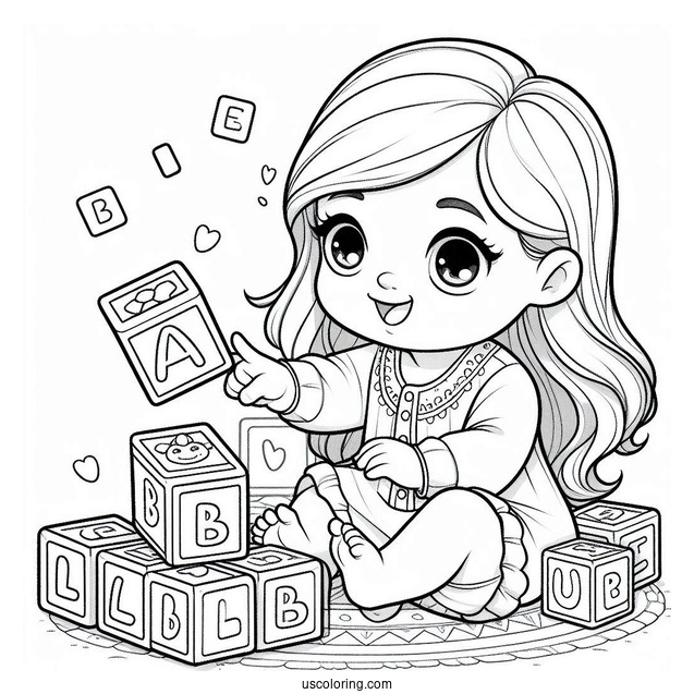 Cute Baby Coloring Page Playing With Alphabet Blocks