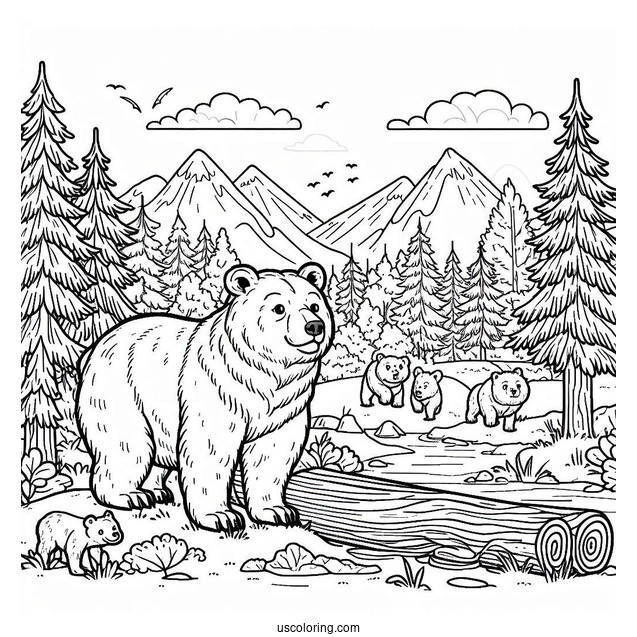 Easy Adult Bear Coloring Page Standing In Forest For Kids