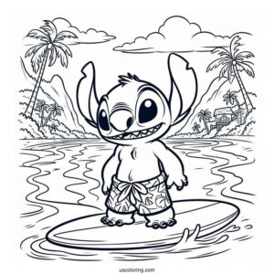 Lilo & Stitch Coloring Page Of David At The Beach With His Surfboard