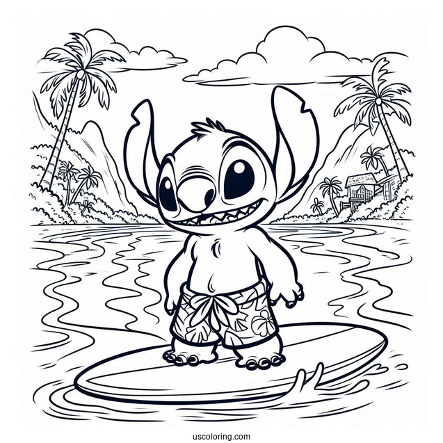 Lilo & Stitch Coloring Page Of David At The Beach With His Surfboard