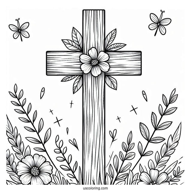 Simple Wooden Cross Coloring Page With Flowers And Leaves Outdoors For Kids