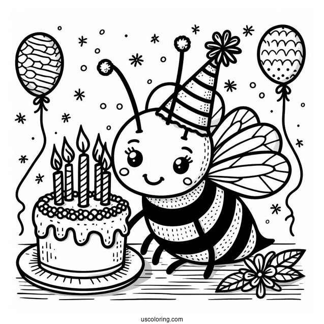 Bee Coloring Page Wearing Party Hats For Birthday Celebration