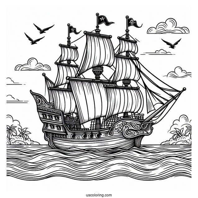 Pirate Ship Coloring Page On A Calm Sea For Kids