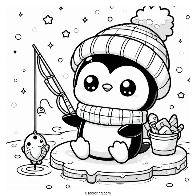 Chibi Coloring Page Penguin with Hat and Scarf Ice Fishing in Winter
