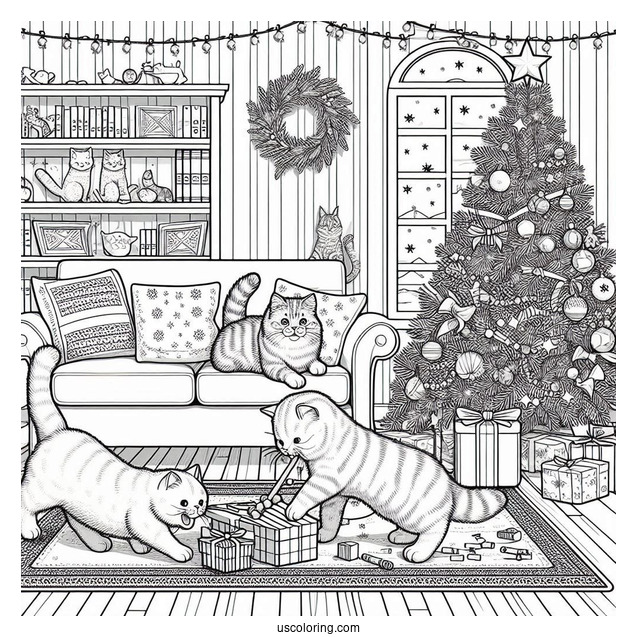Christmas Coloring Pages For Adults Of Three Cats Playing In Living Room With Christmas Tree