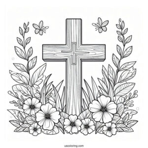 Simple Wooden Cross Coloring Page With Flowers And Leaves Outdoors For Kids