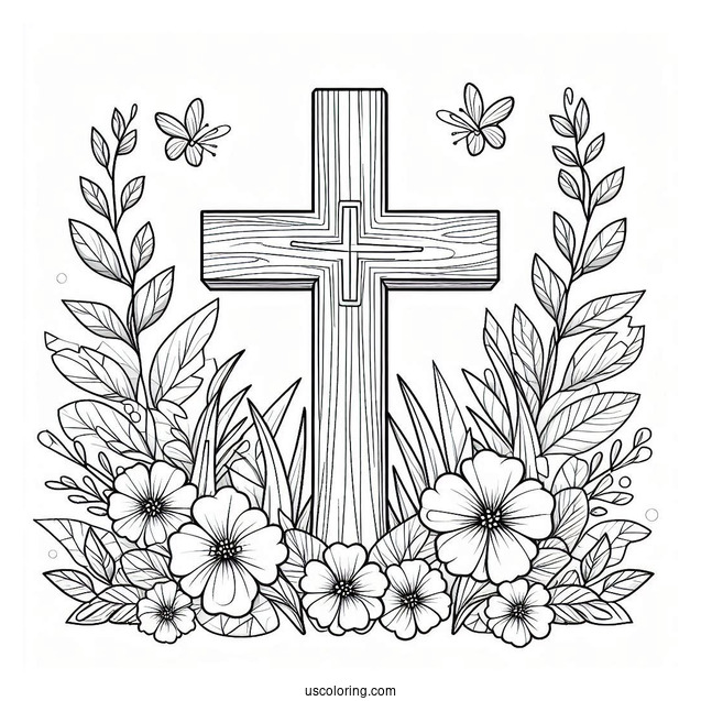Simple Wooden Cross Coloring Page With Flowers And Leaves Outdoors For Kids