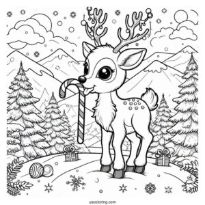 Christmas Coloring Pages For Adults Of Rudolph Biting Candy Cane In Snowy Landscape