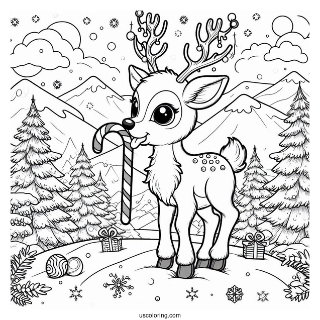 Christmas Coloring Pages For Adults Of Rudolph Biting Candy Cane In Snowy Landscape