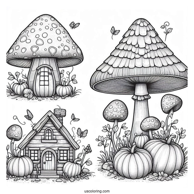 Tiny Houses And Pumpkins Growing On Top Of A Mushroom Coloring Page