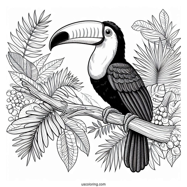 Realistic Toucan In The Jungle Coloring Page