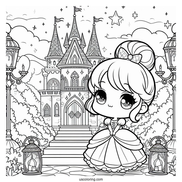 Chibi Cinderella Standing Outside The Castle With Lamps Coloring Sheet For Kids