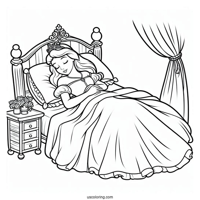 Sleeping Beauty Asleep In Bed Coloring Page