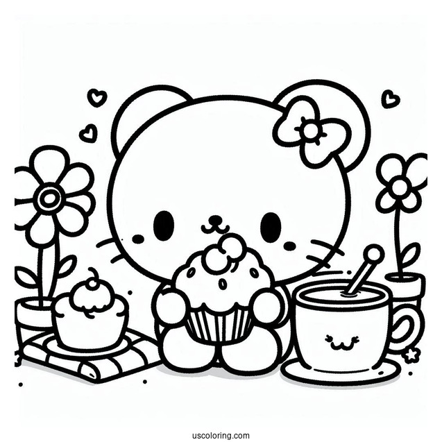 Sanrio Coloring Pages Of Pompompurin Drinking Tea With Muffin