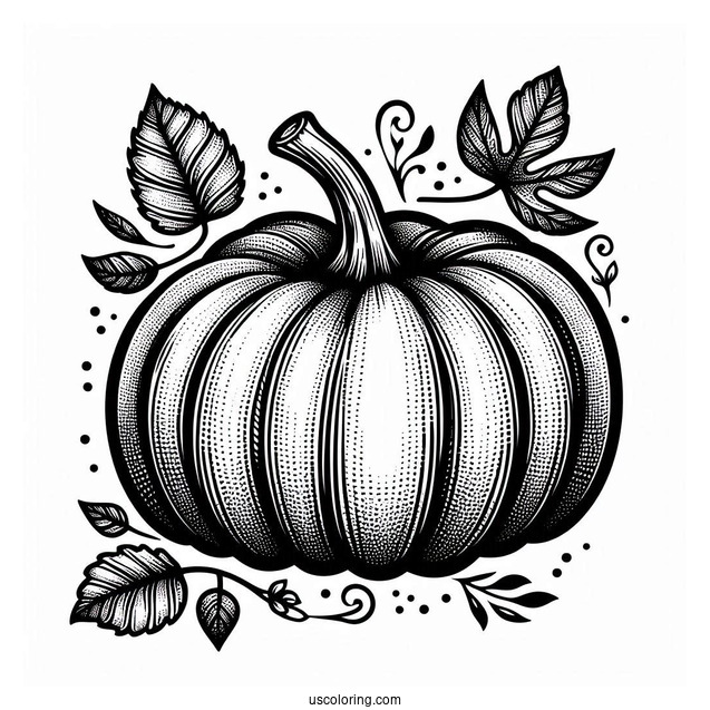 Detailed Pumpkin Coloring Page With Leaves
