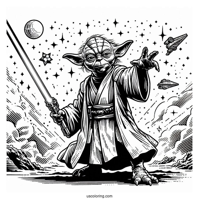 Yoda Fighting With Lightsaber Coloring In For Kids