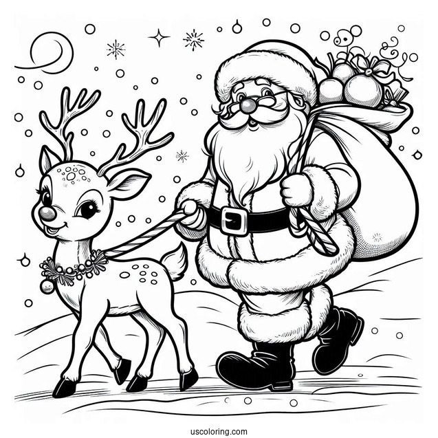 Rudolph Leading Santa With His Red Nose To Color