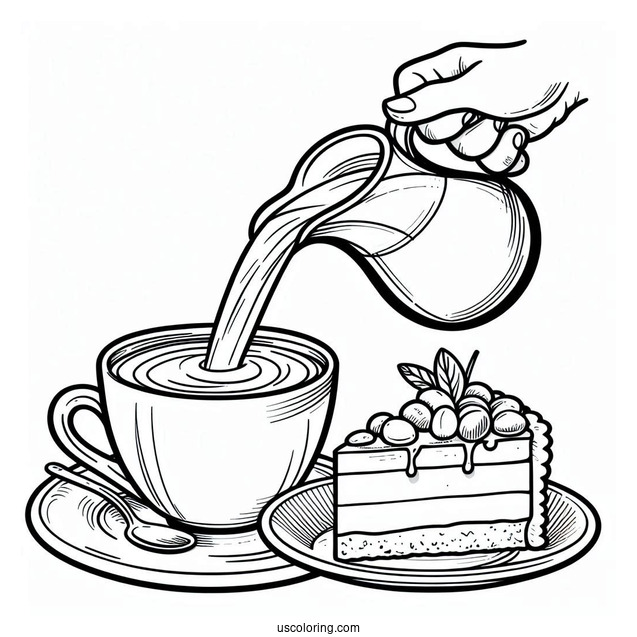 Milk Being Poured Into Coffee Coloring Pages Of Cup With Dessert On Table