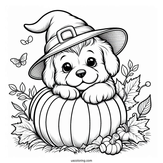 Adorable Puppy Wearing A Witch Hat While Hugging A Pumpkin Coloring Page