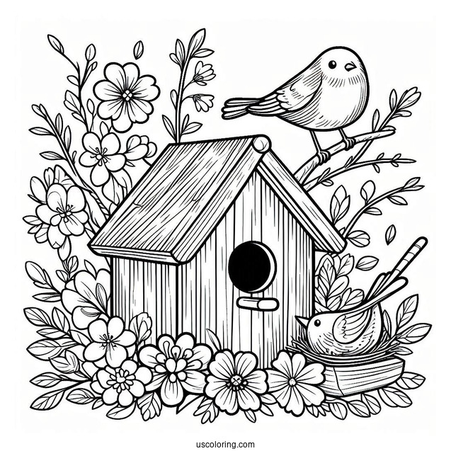 Spring Coloring Page Of Bird House With Flowers And Bird