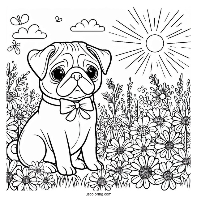 Coloring Sheet Of a Pug In Field Of Flowers