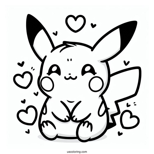 Cute Coloring Page Of Easy Pikachu With Love Hearts For Preschoolers