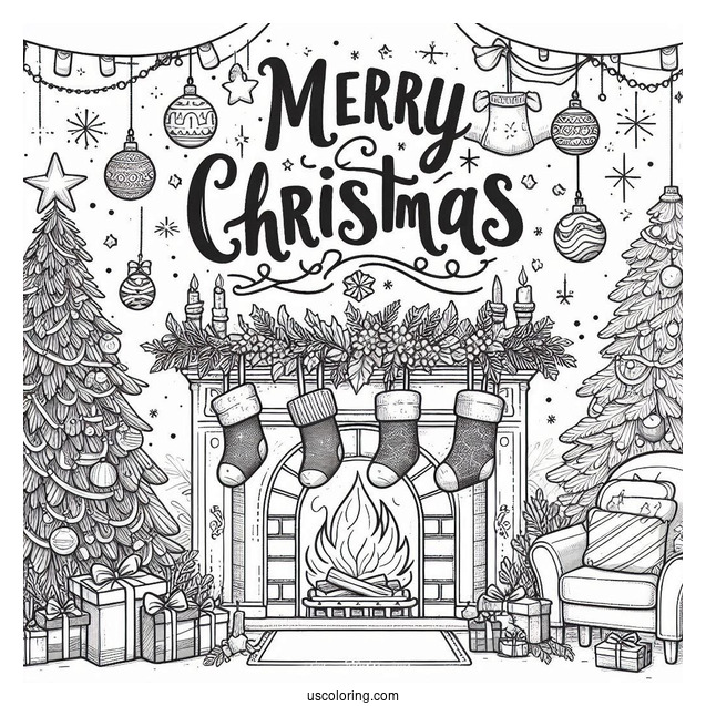 Christmas Coloring Pages For Adults Of Merry Christmas Words On Top Of Fireplace With Stockings