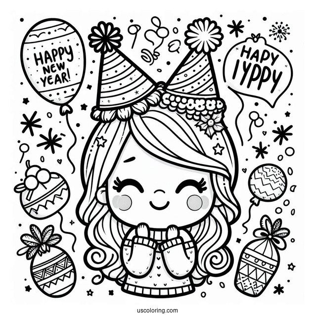 Simple Happy New Year Coloring Page Of Words With Cartoon Party Hats For Kids