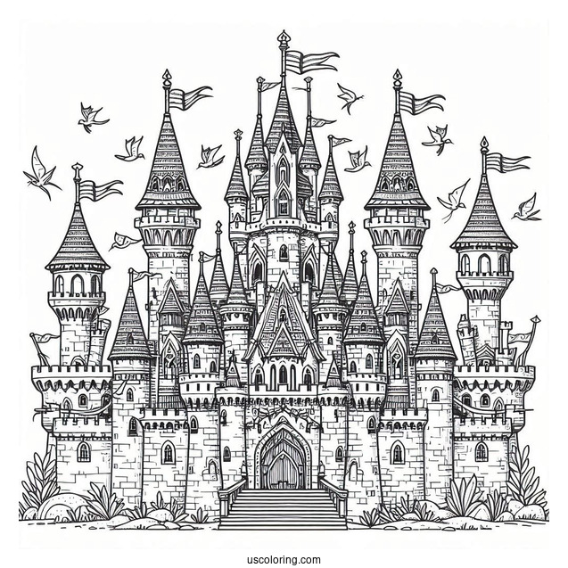 Fantasy Castle Coloring Page With Flags And Numerous Towers