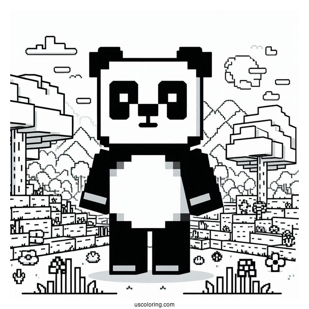Minecraft Panda Coloring Page Standing in Pixel Landscape For Kids