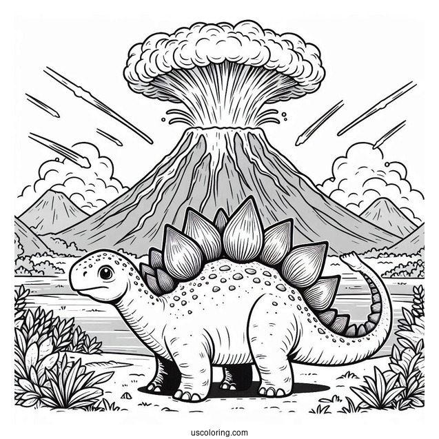 Stegosaurus Coloring Page In Front Of Erupting Volcano