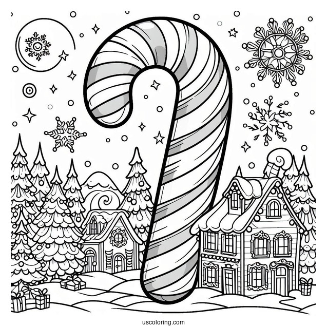 Giant Candy Cane Coloring Page In Winter Wonderland Town