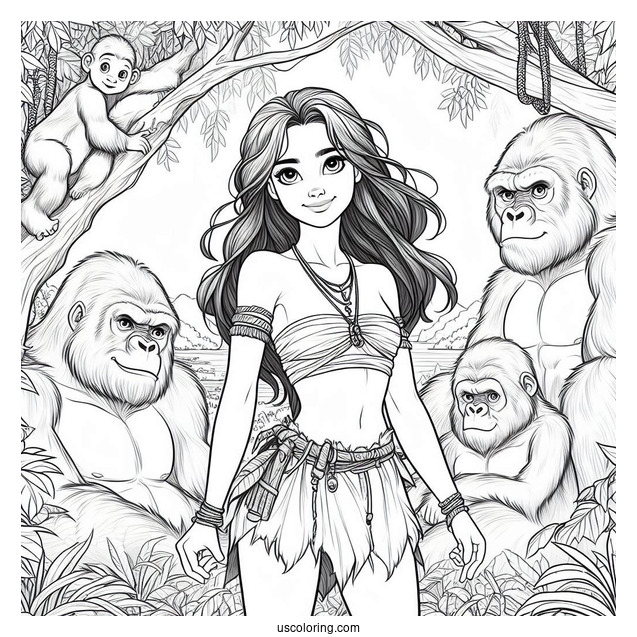 Young Tarzan Coloring Page Surrounded By Gorilla Family