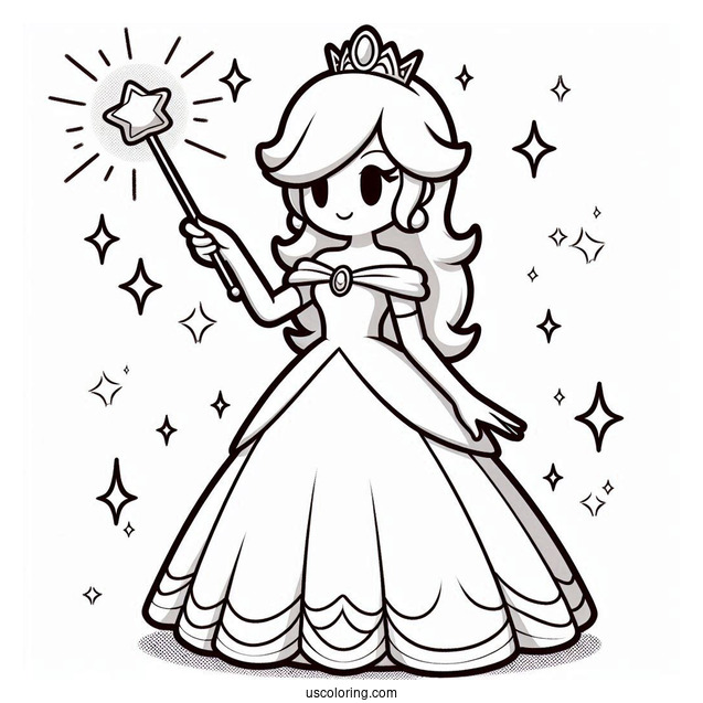 Rosalina Coloring Page Wearing Long Gown And Holding Wand With Luma