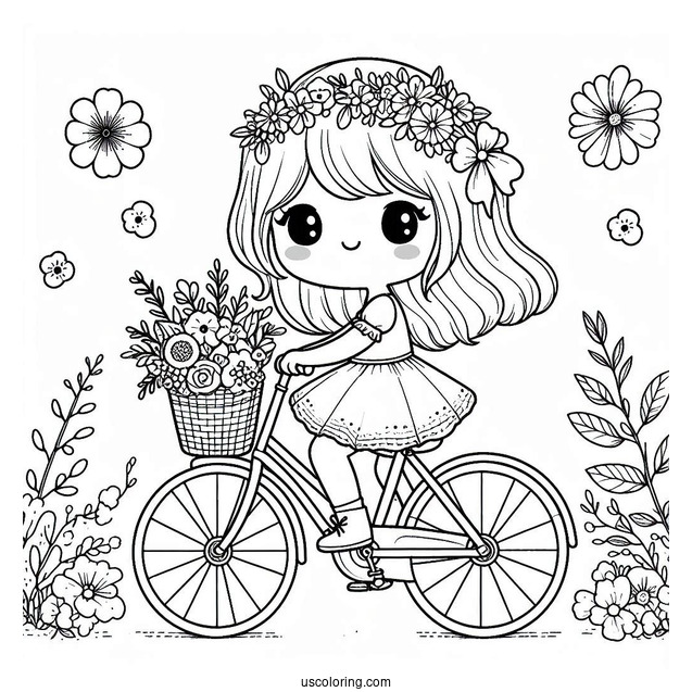 Kawaii Little Girl Riding Bicycle Coloring Page With Flowers For Kids