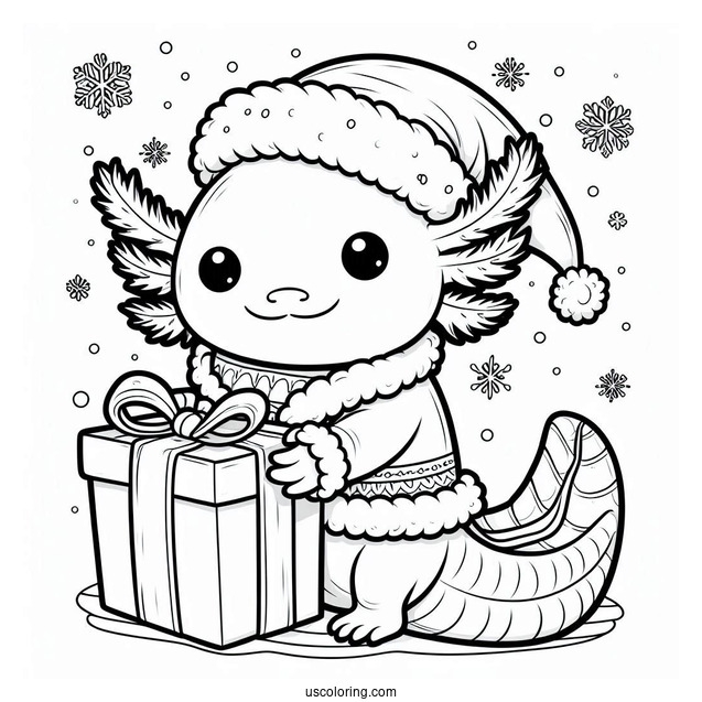 Axolotl Coloring Page In Santa Costume Holding A Present
