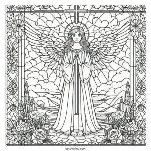 Angel Standing In Front Of A Cross Stained Glass Coloring Page