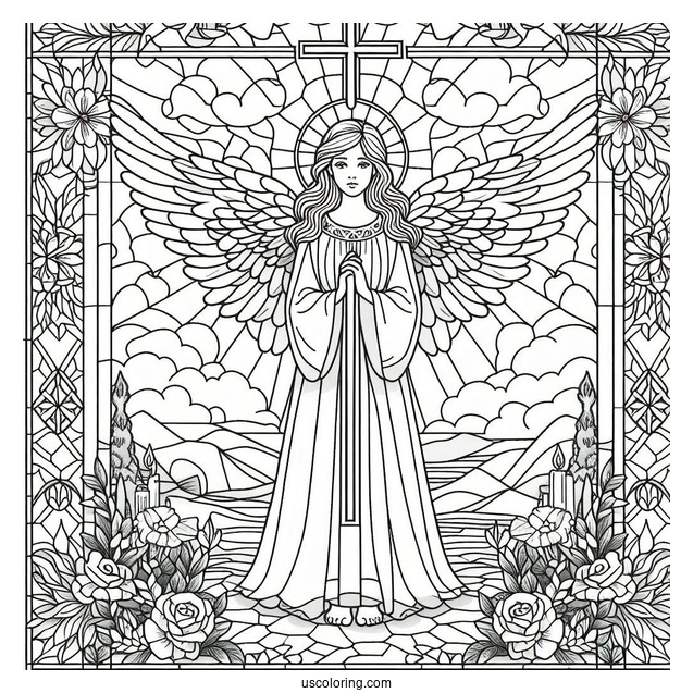 Angel Standing In Front Of A Cross Stained Glass Coloring Page