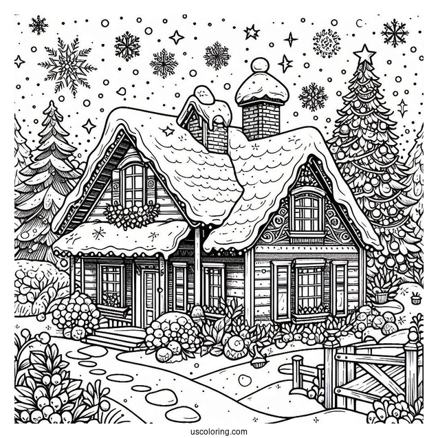 Christmas Coloring Pages For Adults Of House Covered In Snow On Christmas Day