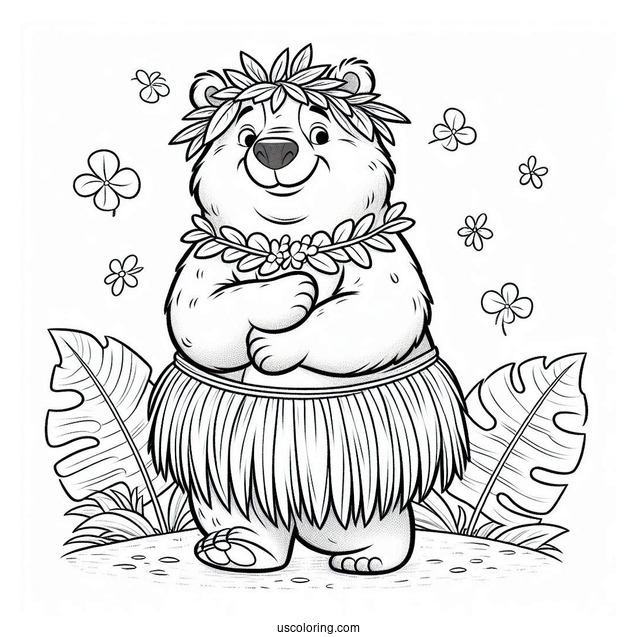 Jungle Book Coloring Page Of Balooo Wearing Hula Skirt And Leaf Headdress For Kids